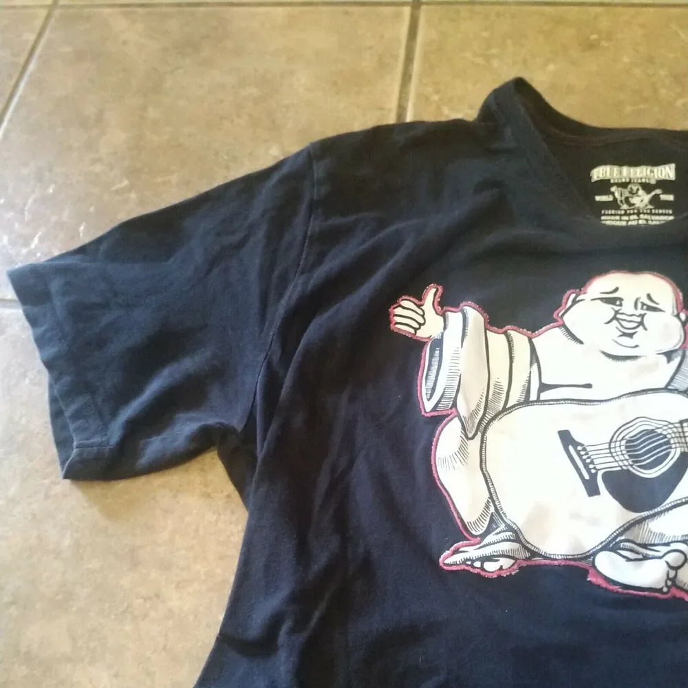 Rare TRUE RELIGION Embroidered Buddha Logo Short Sleeve Black Large L Lg